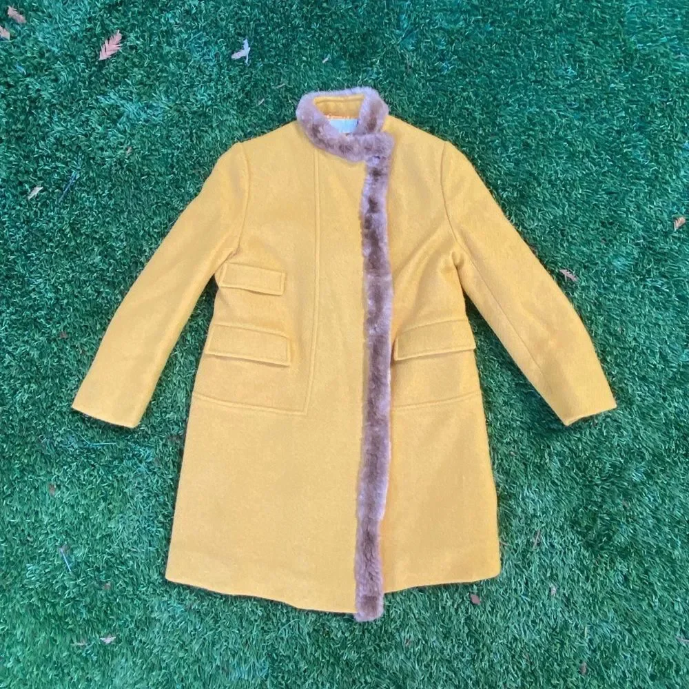 1950s Vintage Goldenrod Wool Coat w/ Faux Fur Trim XS Women’s Union Made in USA